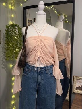 Guess Blush Ruched Off Shoulder Sheer Top ✨